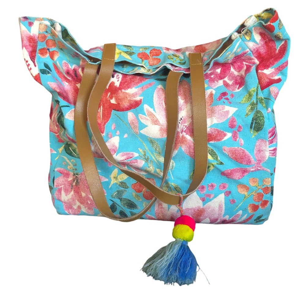 Floral Canvas Tote Bag in Turquoise and Pink with Tassel